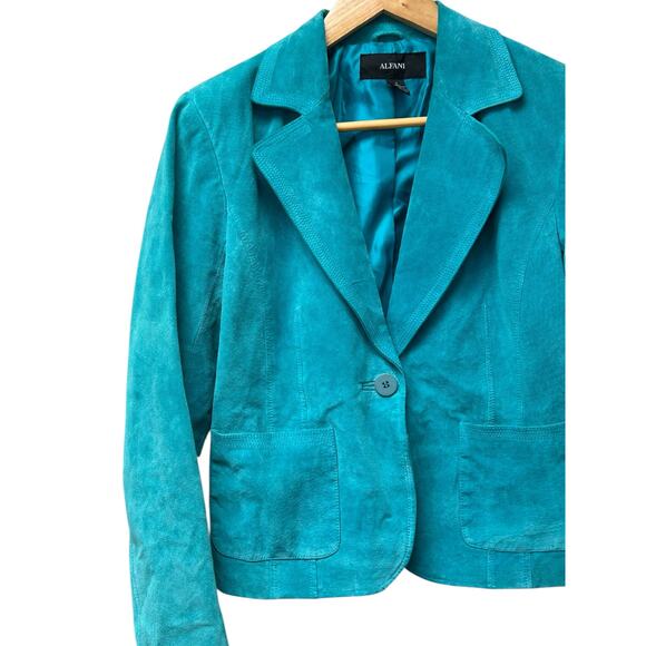 Alfani Suede Leather Jacket Small Teal Blue Button Front Soft Stylish Outerwear - Picture 4 of 5